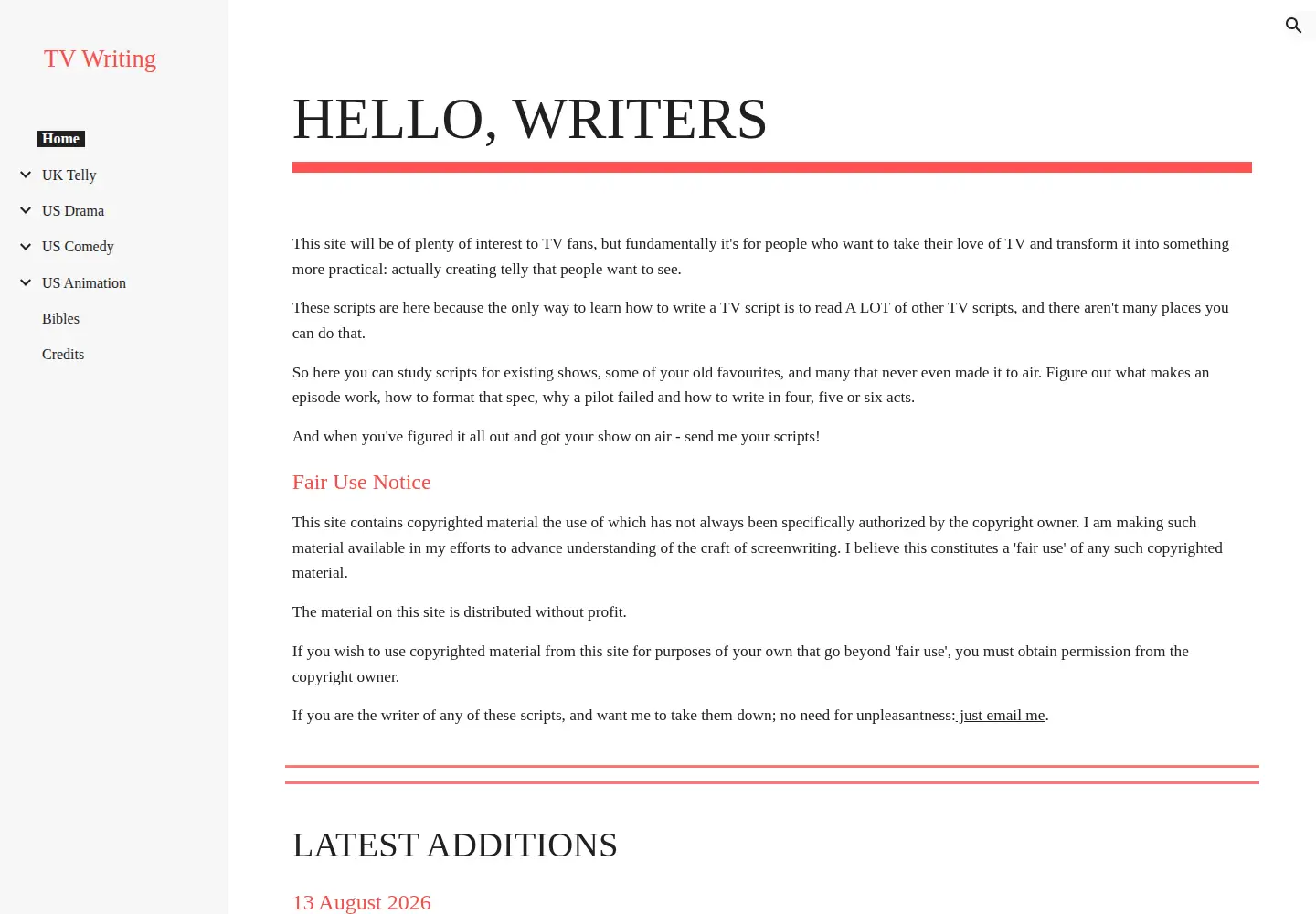 Screenshot of tvwriting.co.uk