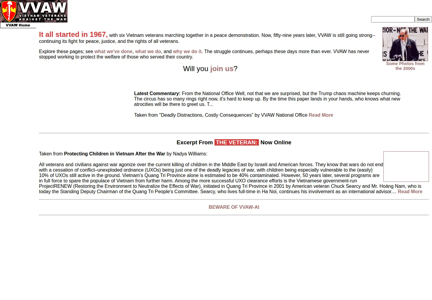 Captured homepage of vvaw.org in the current scan