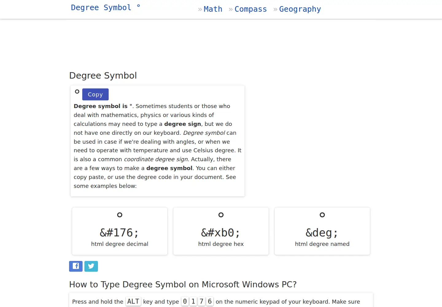 Screenshot of degreesymbol.net