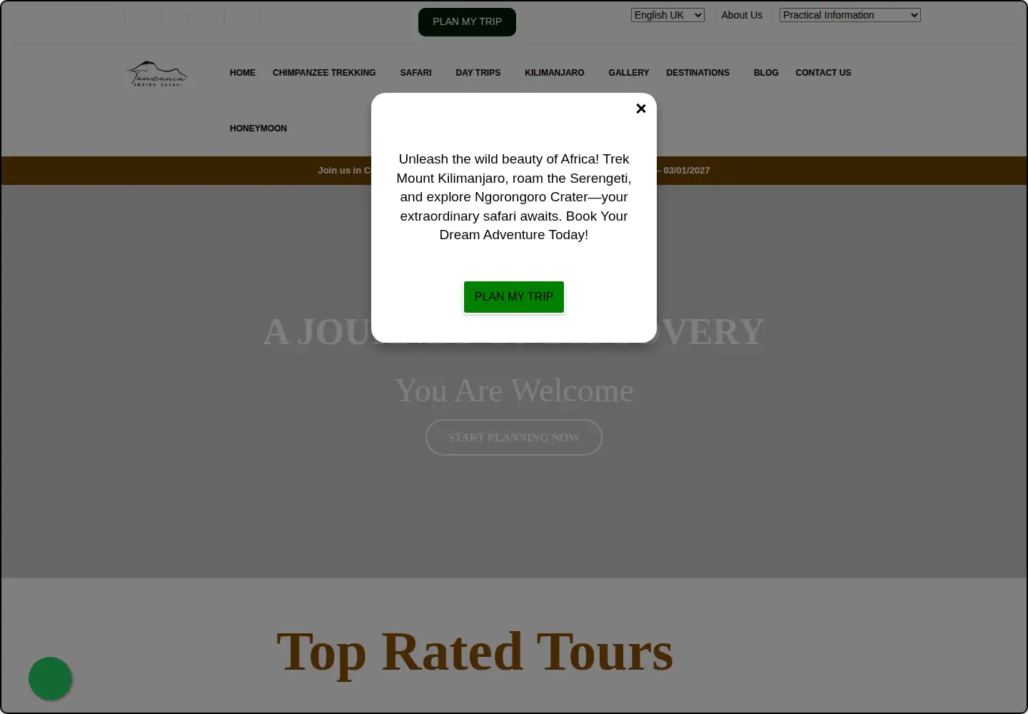 Captured homepage of tanzaniainsideandsafari.com in the current scan
