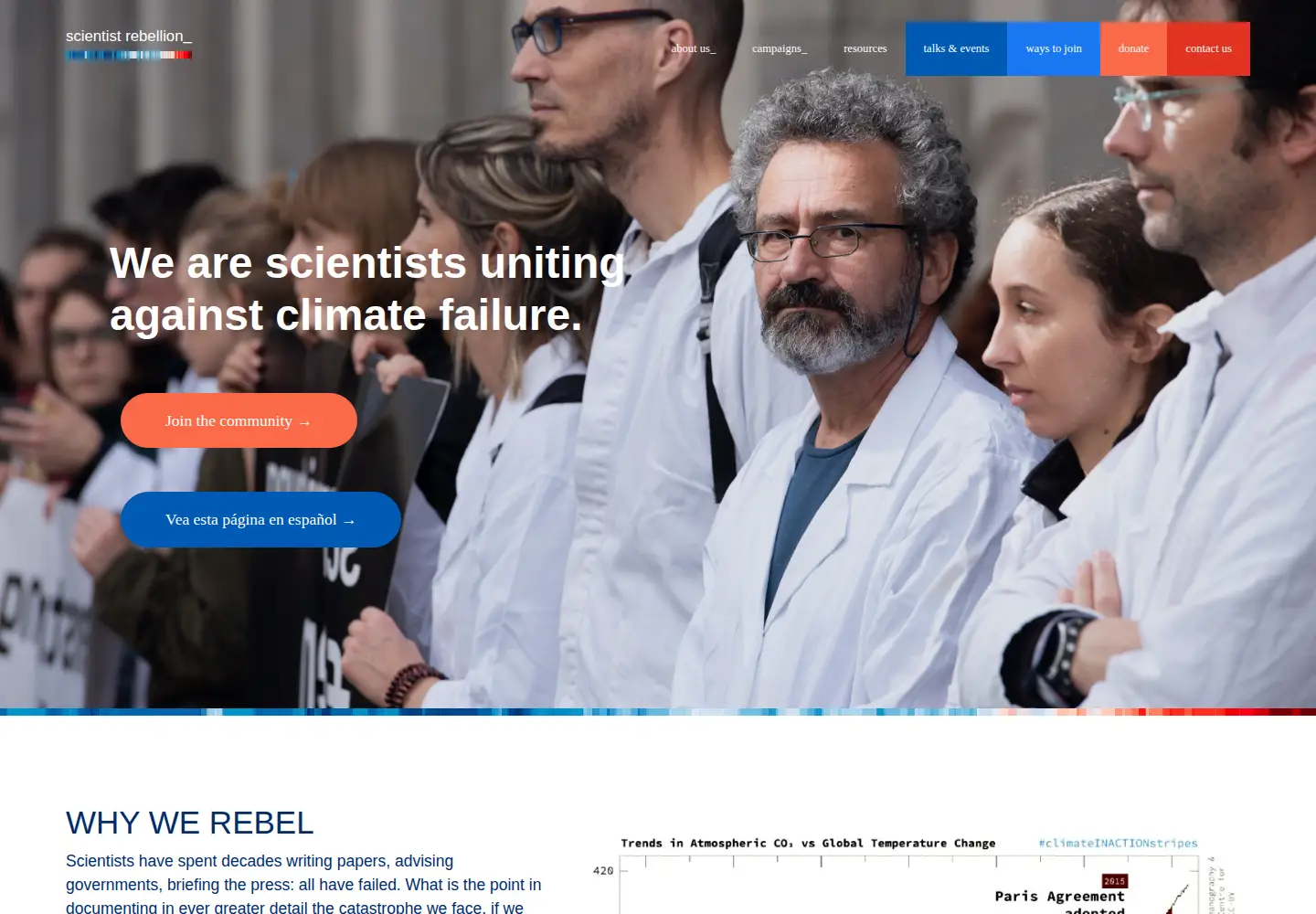 Captured homepage of scientistrebellion.org in the current scan