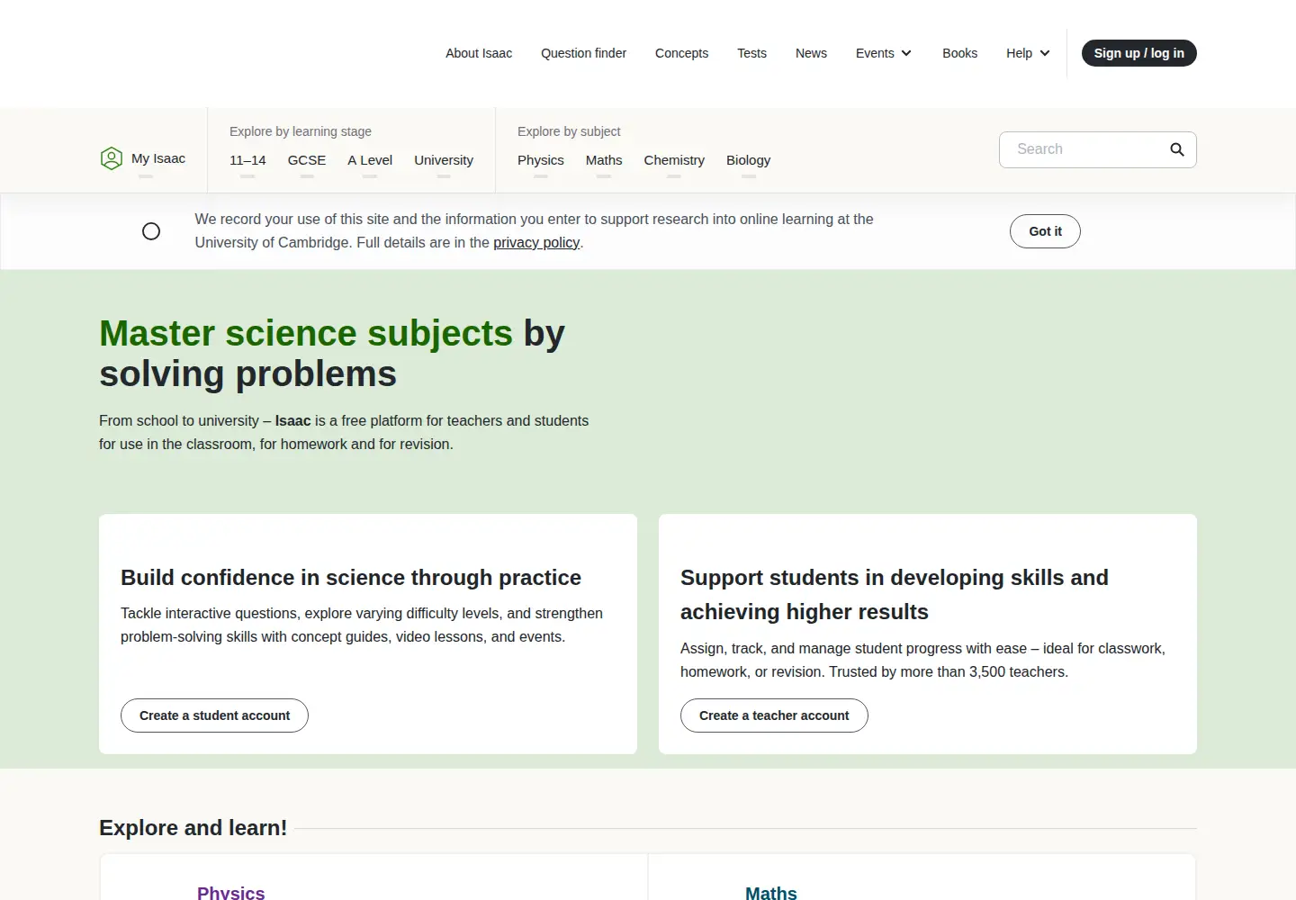 Screenshot of isaacphysics.org