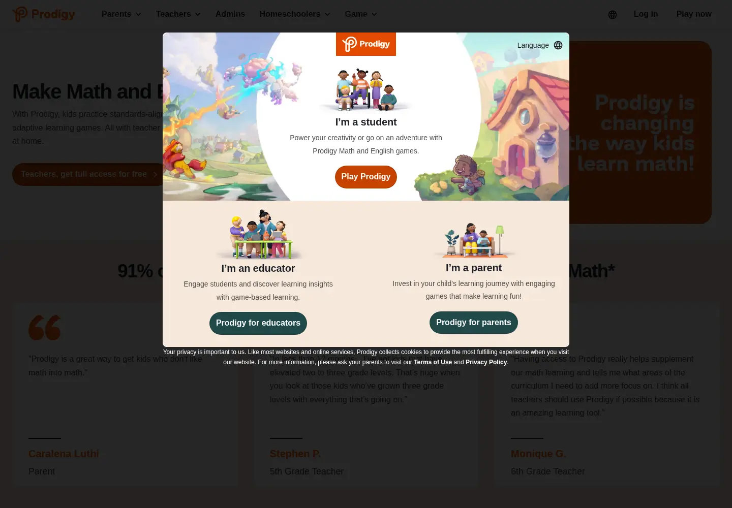 Screenshot of prodigygame.com