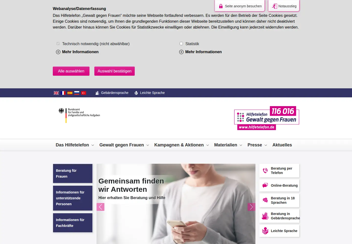 Screenshot of hilfetelefon.de