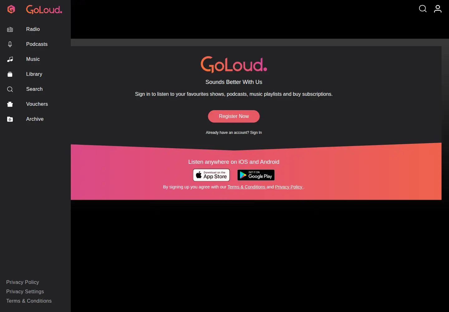 Screenshot of goloudplayer.com