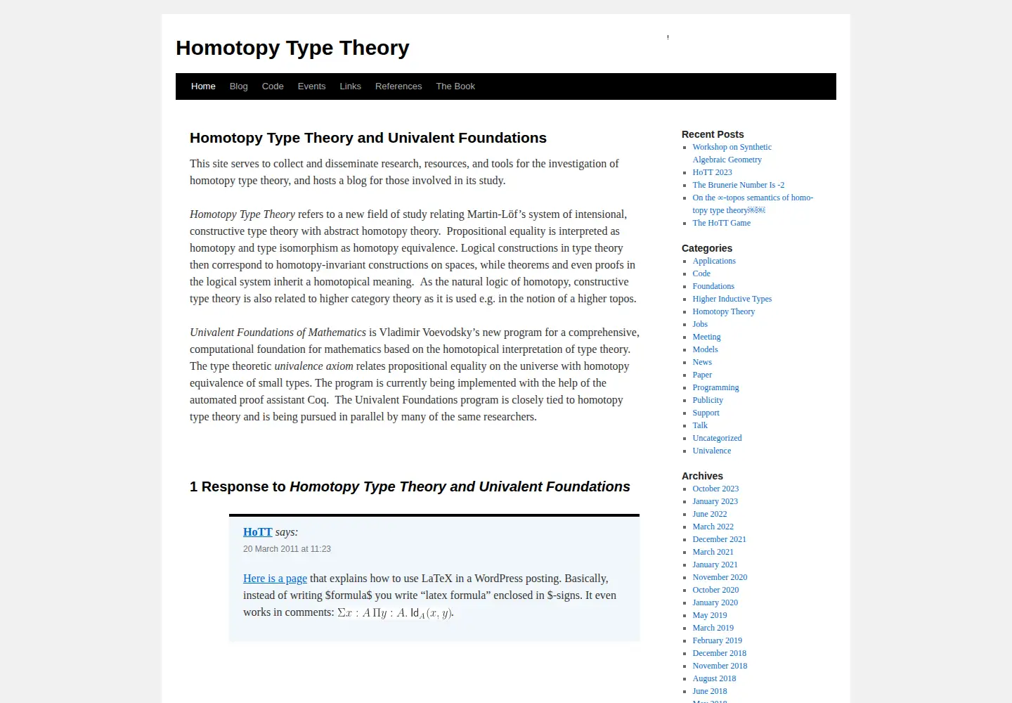 Screenshot of homotopytypetheory.org