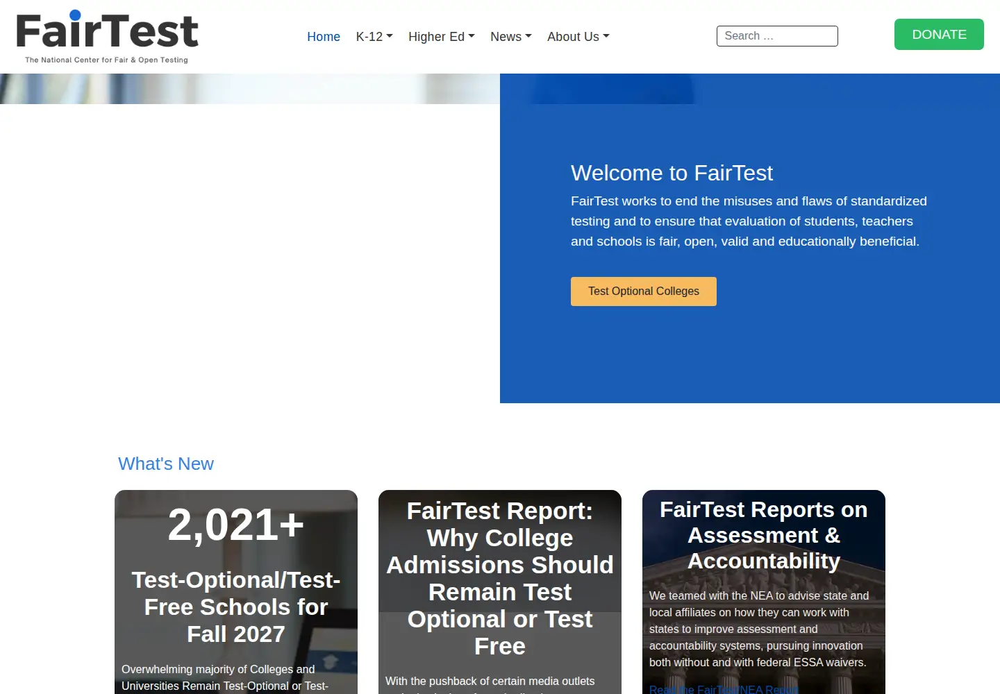 Captured homepage of fairtest.org in the current scan