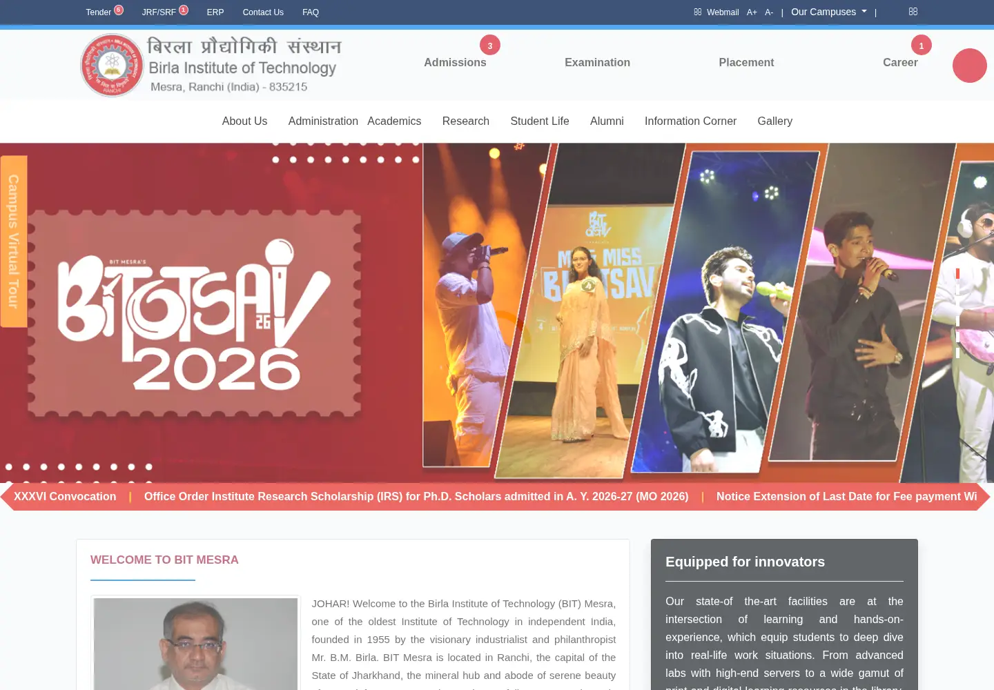 Screenshot of bitmesra.ac.in