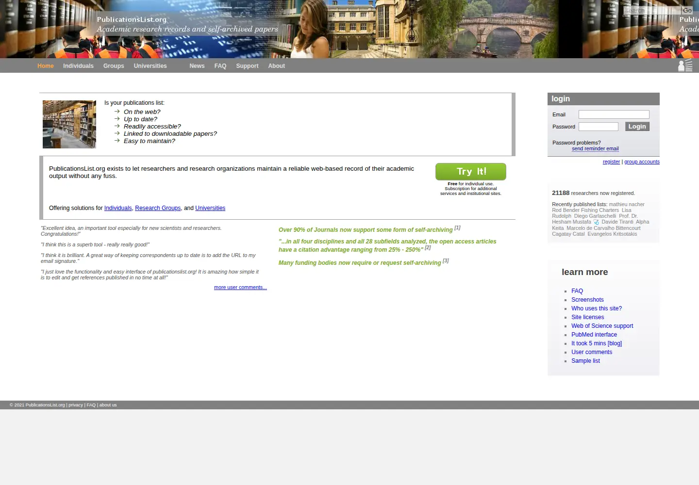 Screenshot of publicationslist.org