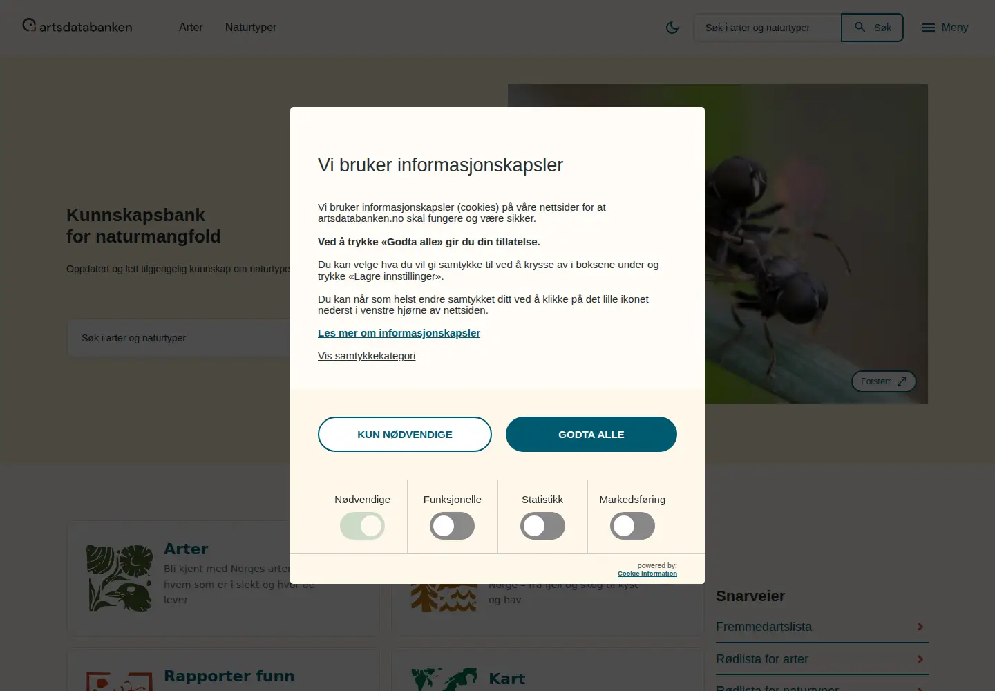 Screenshot of artsdatabanken.no