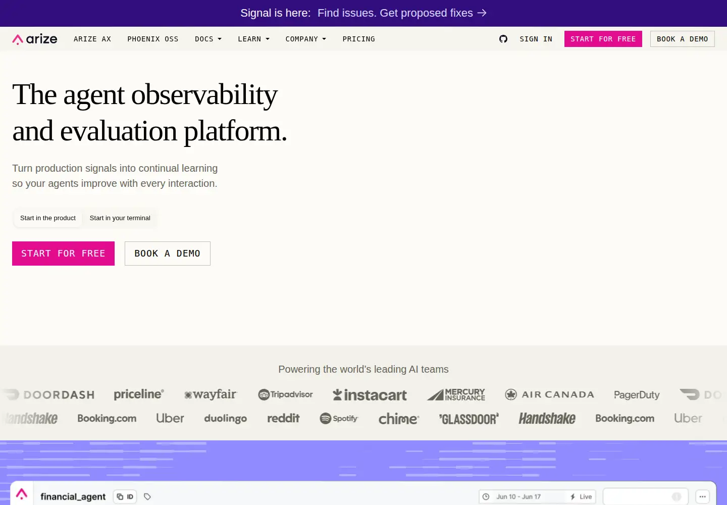 Screenshot of arize.com