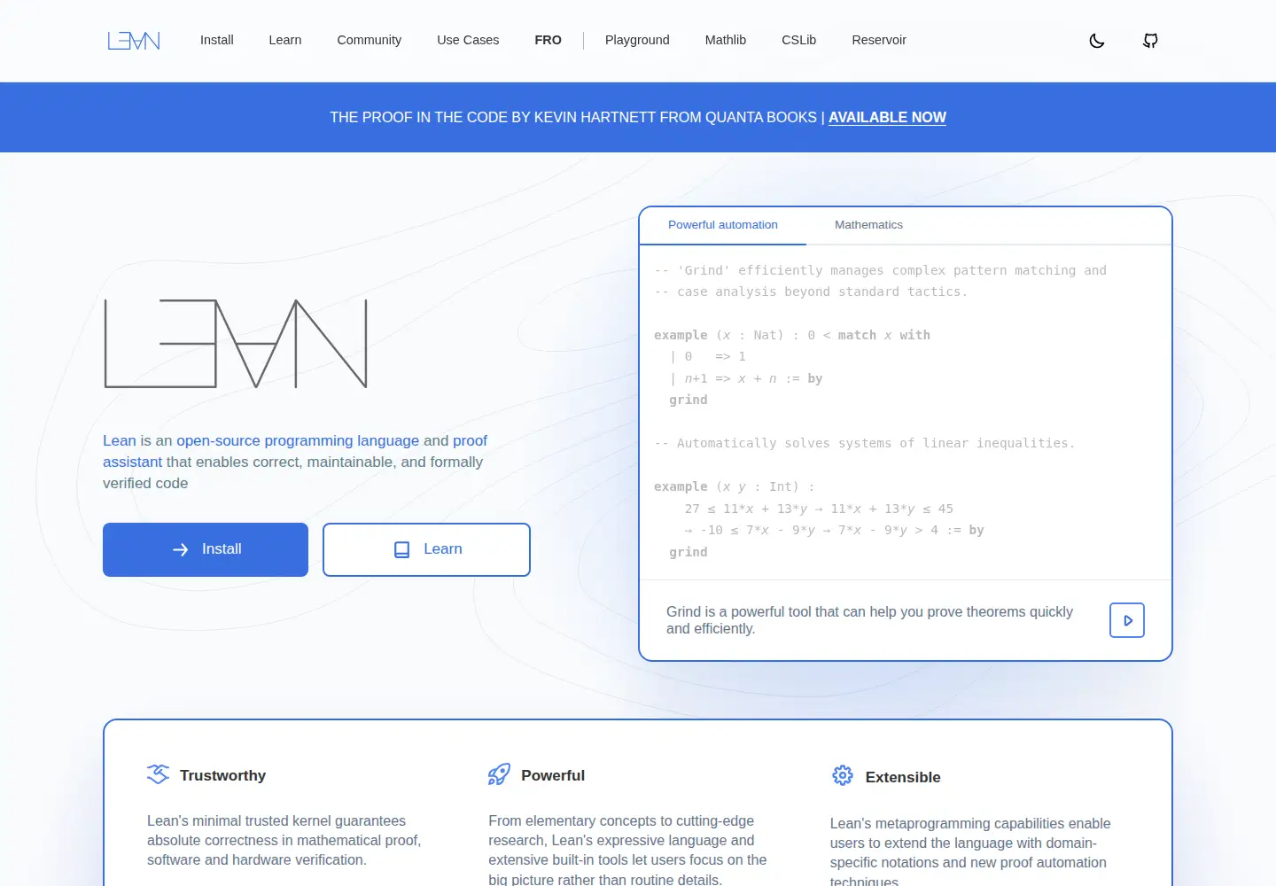 Screenshot of lean-lang.org