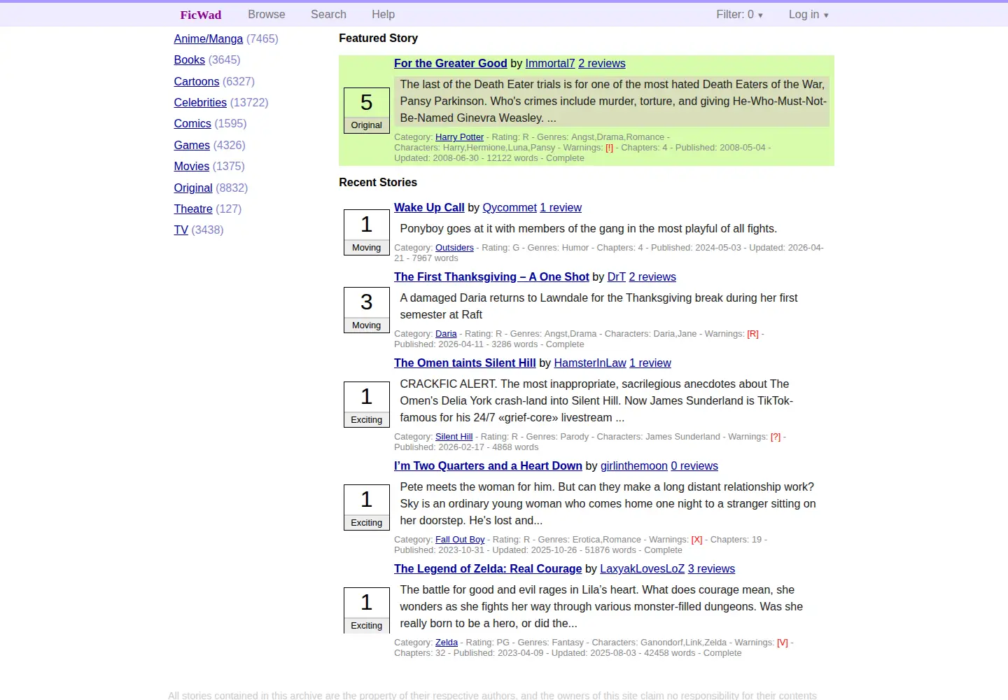 Screenshot of ficwad.com