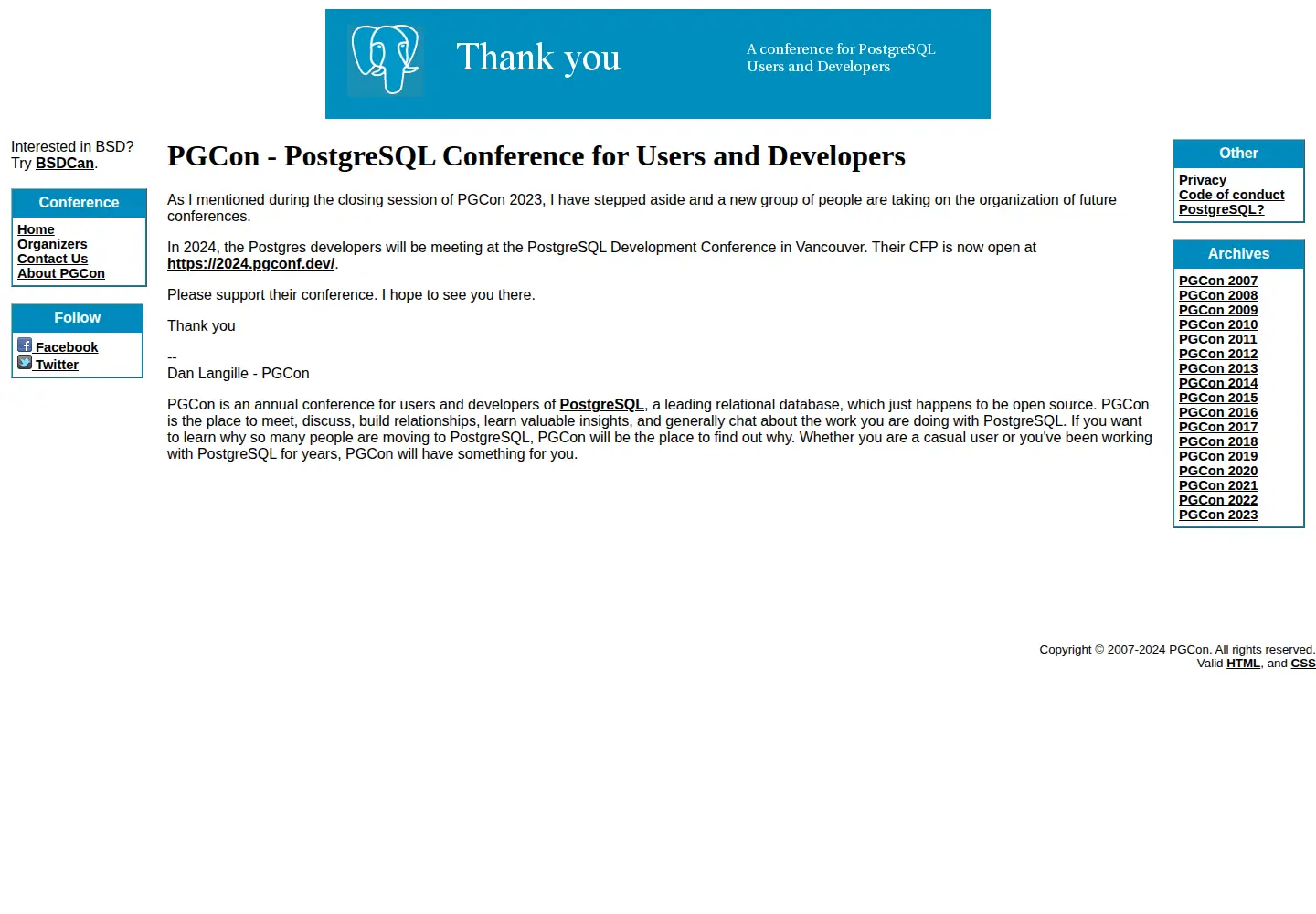 Captured homepage of pgcon.org in the current scan