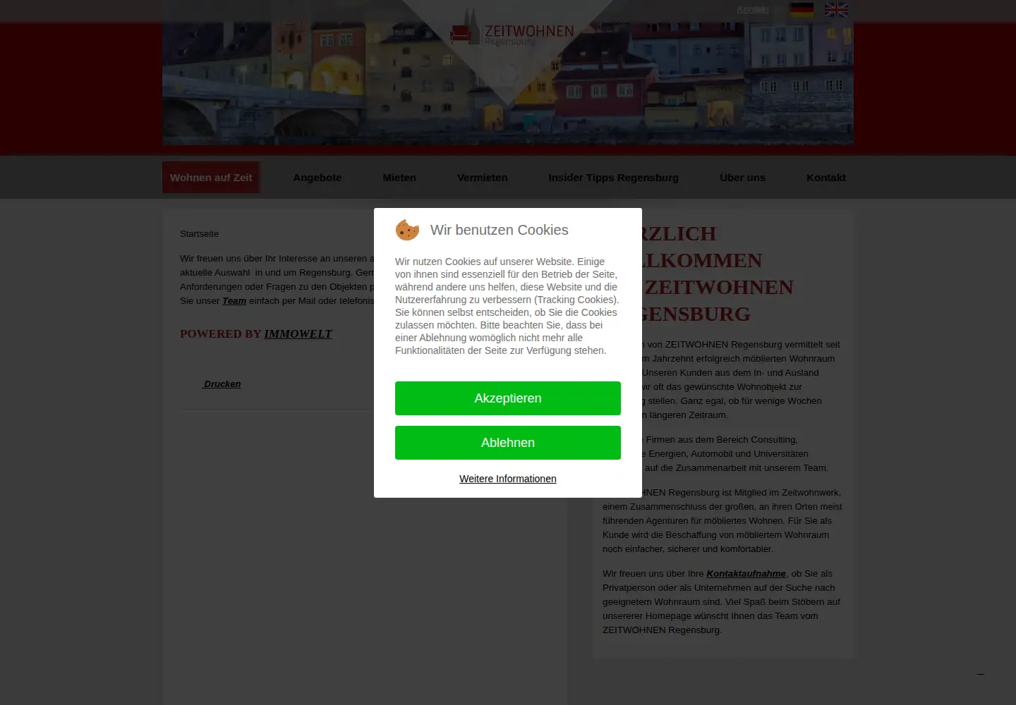 Screenshot of zeitwohnen-regensburg.de