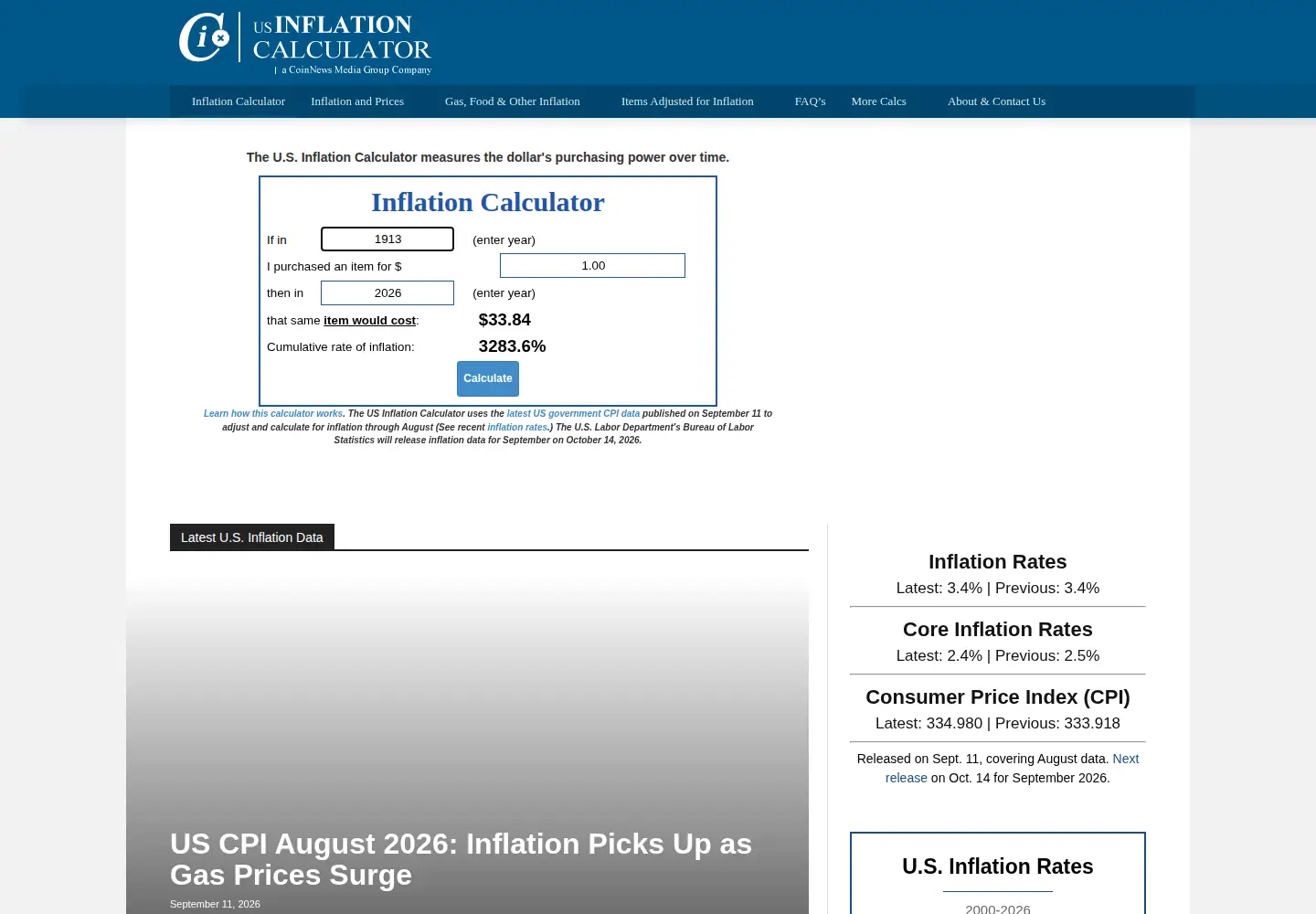 Screenshot of usinflationcalculator.com