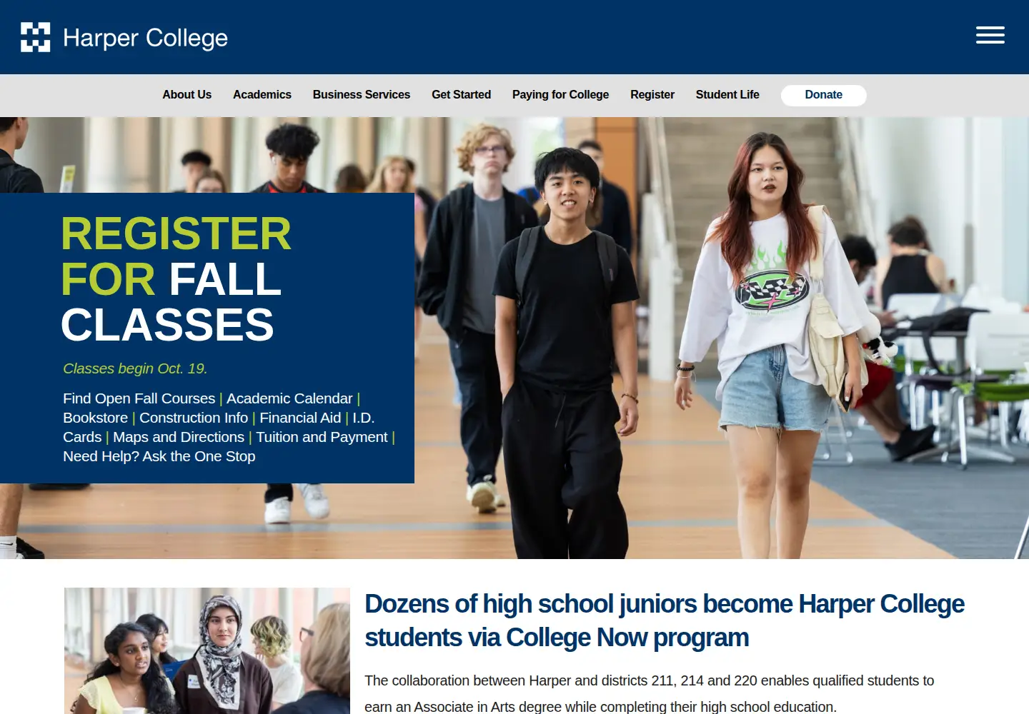 Screenshot of harpercollege.edu