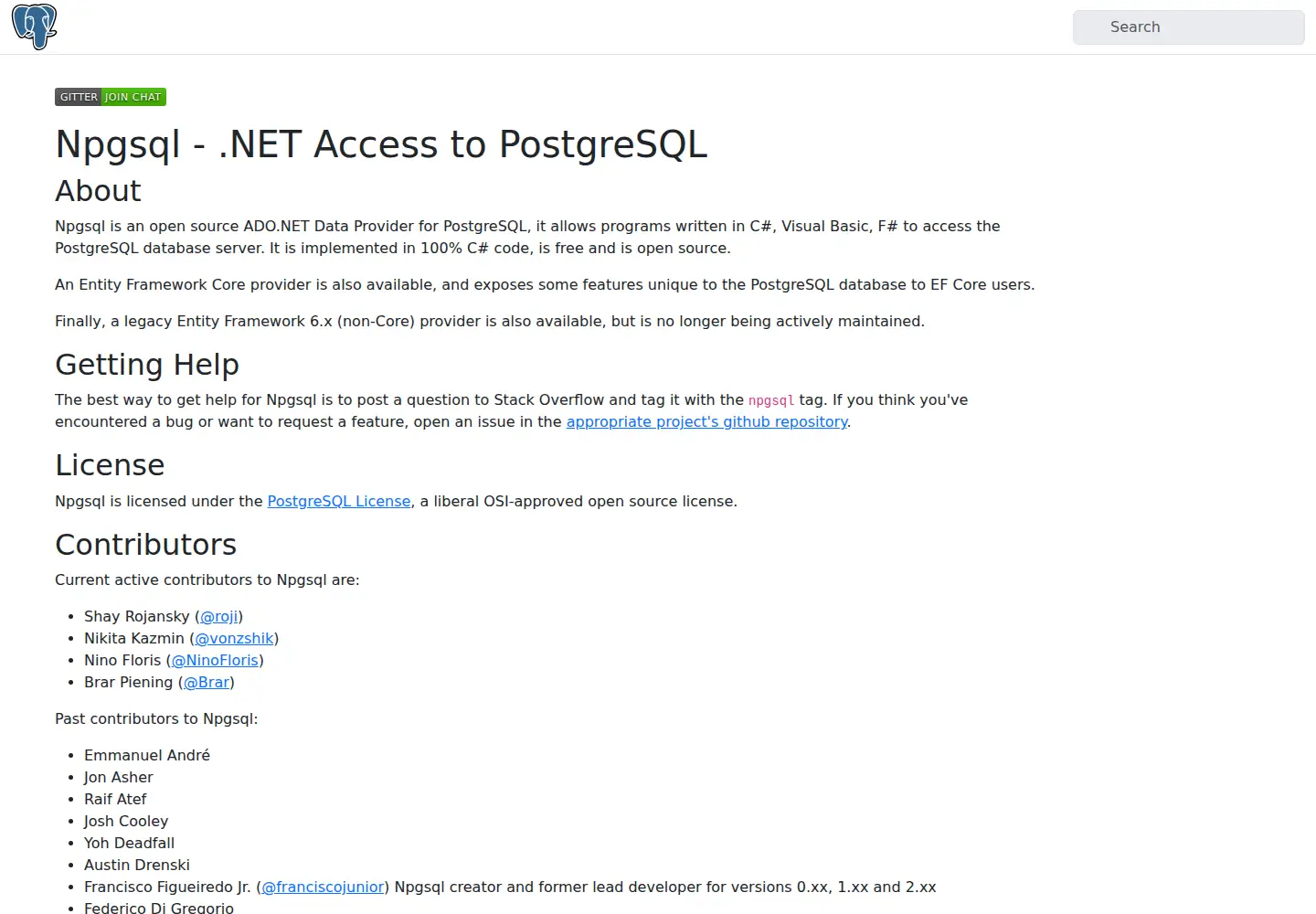 Captured homepage of npgsql.org in the current scan