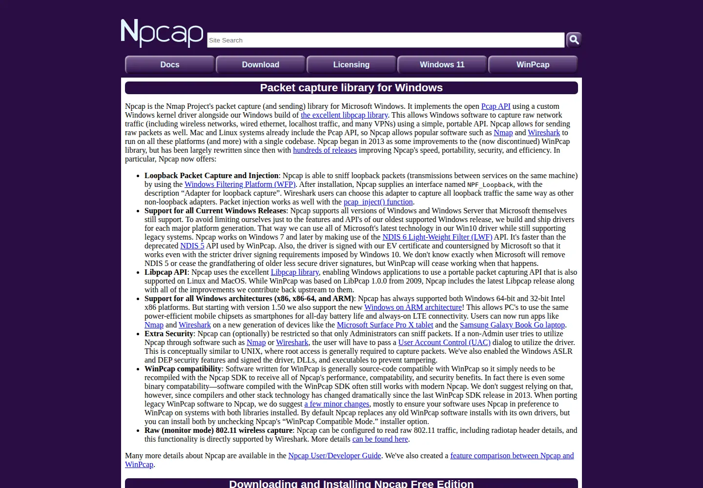 Screenshot of npcap.com