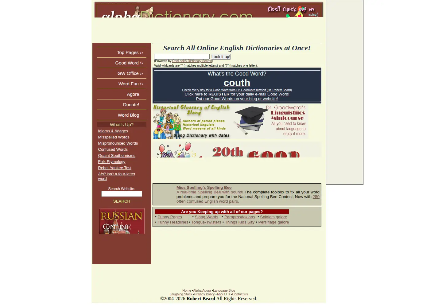 Screenshot of alphadictionary.com
