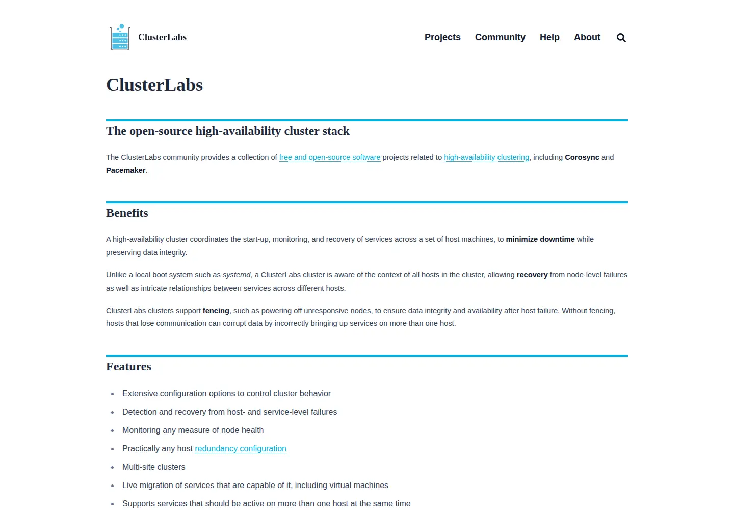 Screenshot of clusterlabs.org