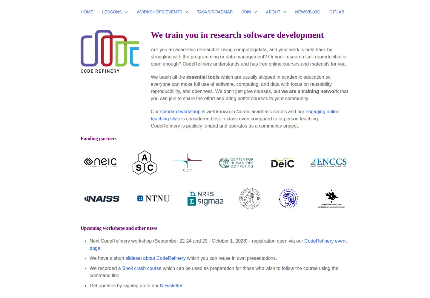 Screenshot of coderefinery.org