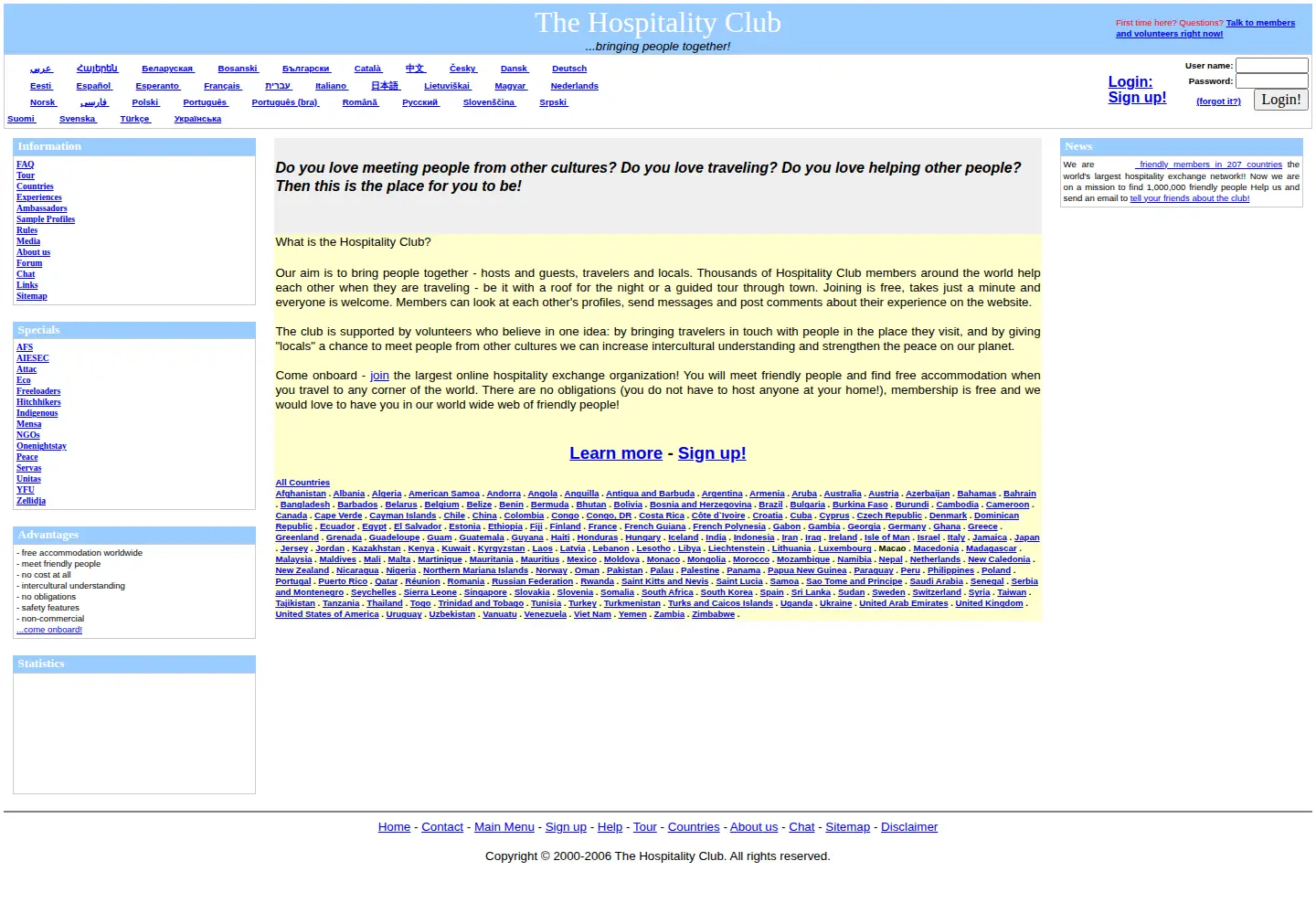 Screenshot of hospitalityclub.org