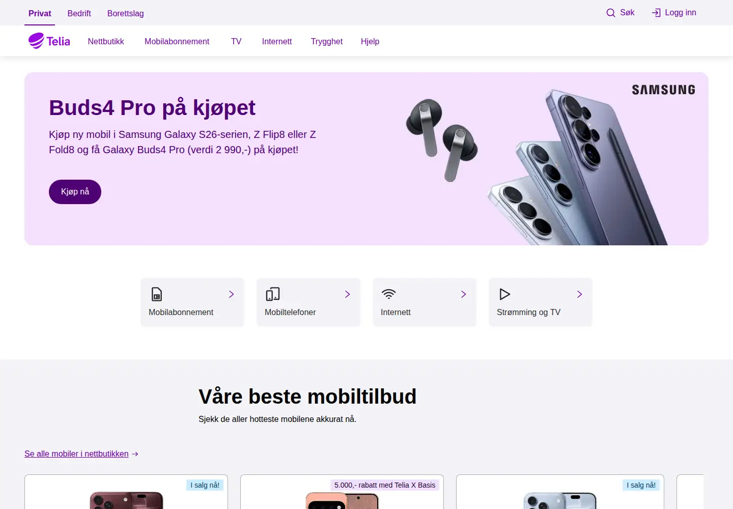 Screenshot of telia.no