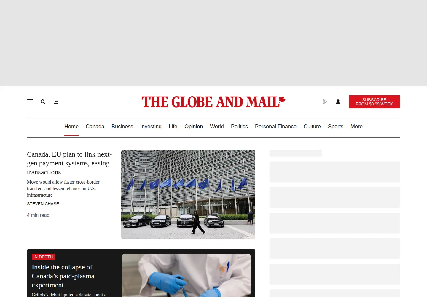 Screenshot of globeandmail.com