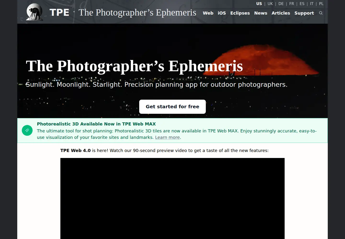 Screenshot of photoephemeris.com