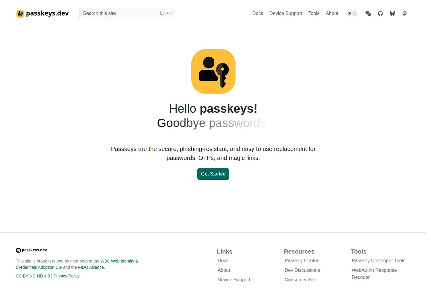 Screenshot of passkeys.dev