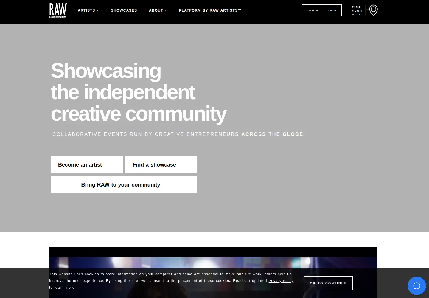Captured homepage of rawartists.org in the current scan