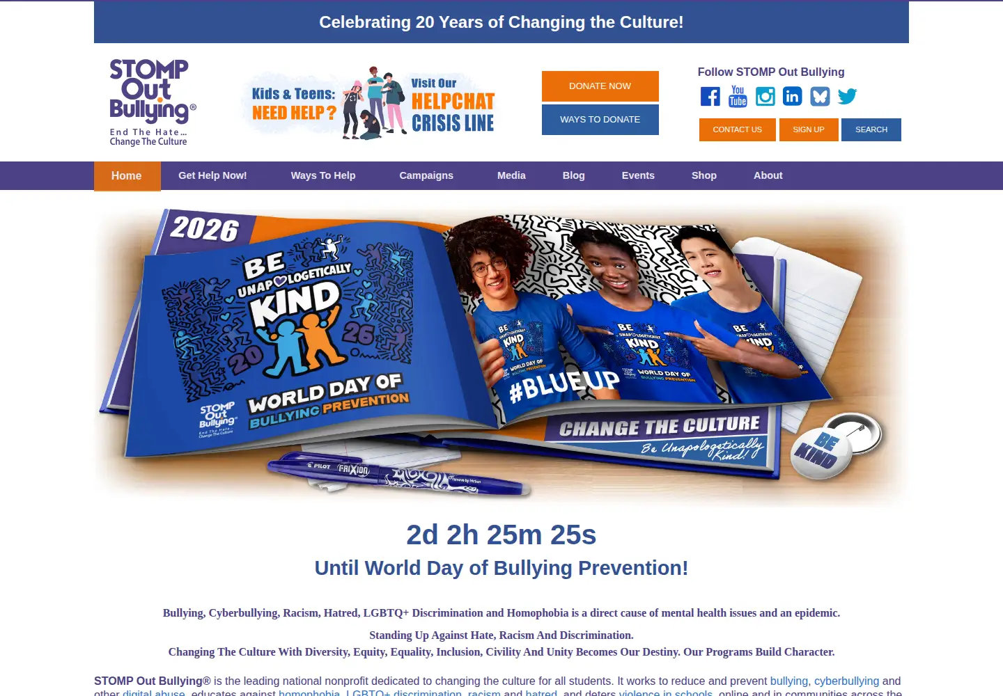 Screenshot of stompoutbullying.org