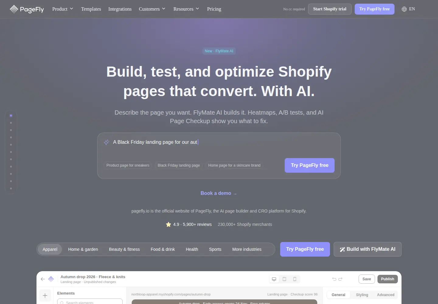 Screenshot of pagefly.io