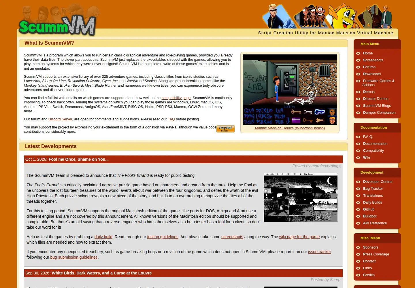 Screenshot of scummvm.org