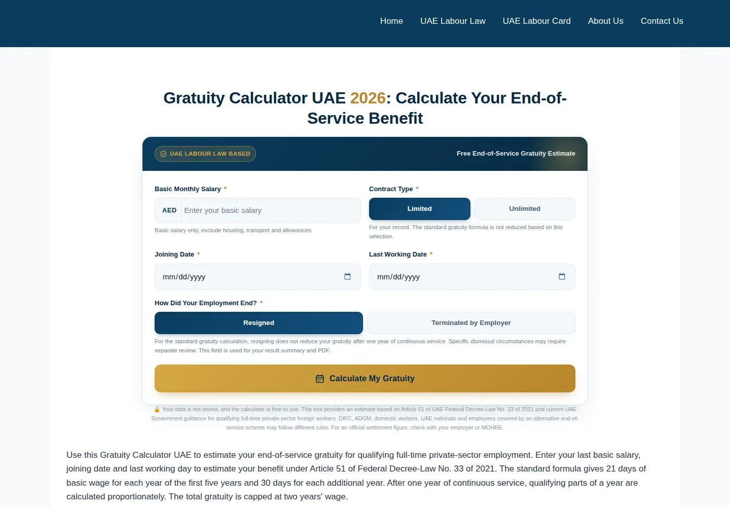 Screenshot of mygratuityuae.com