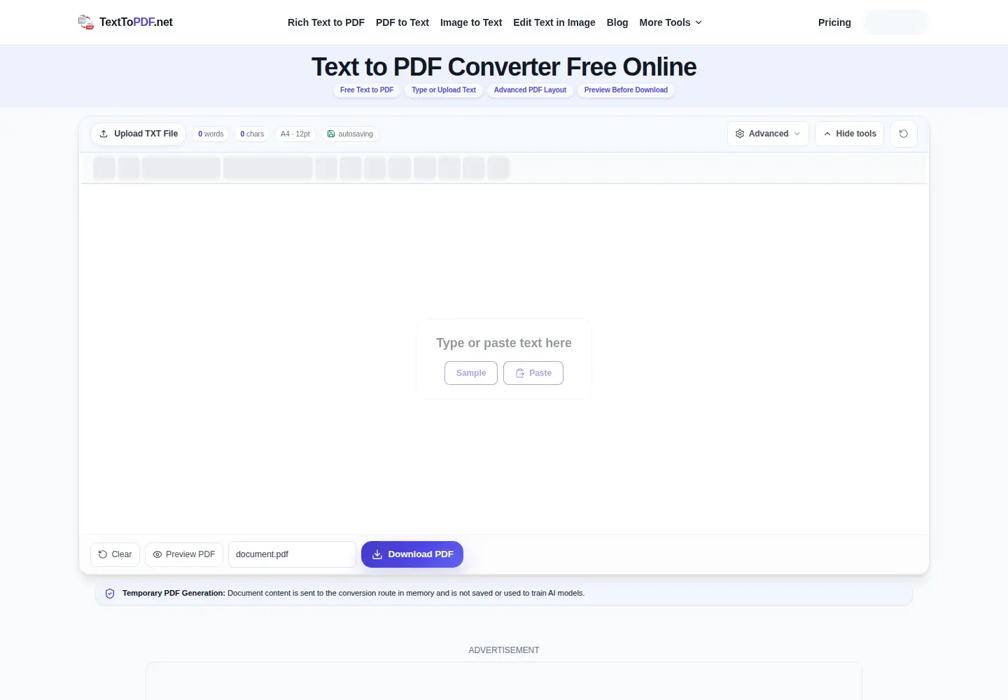 Screenshot of texttopdf.net