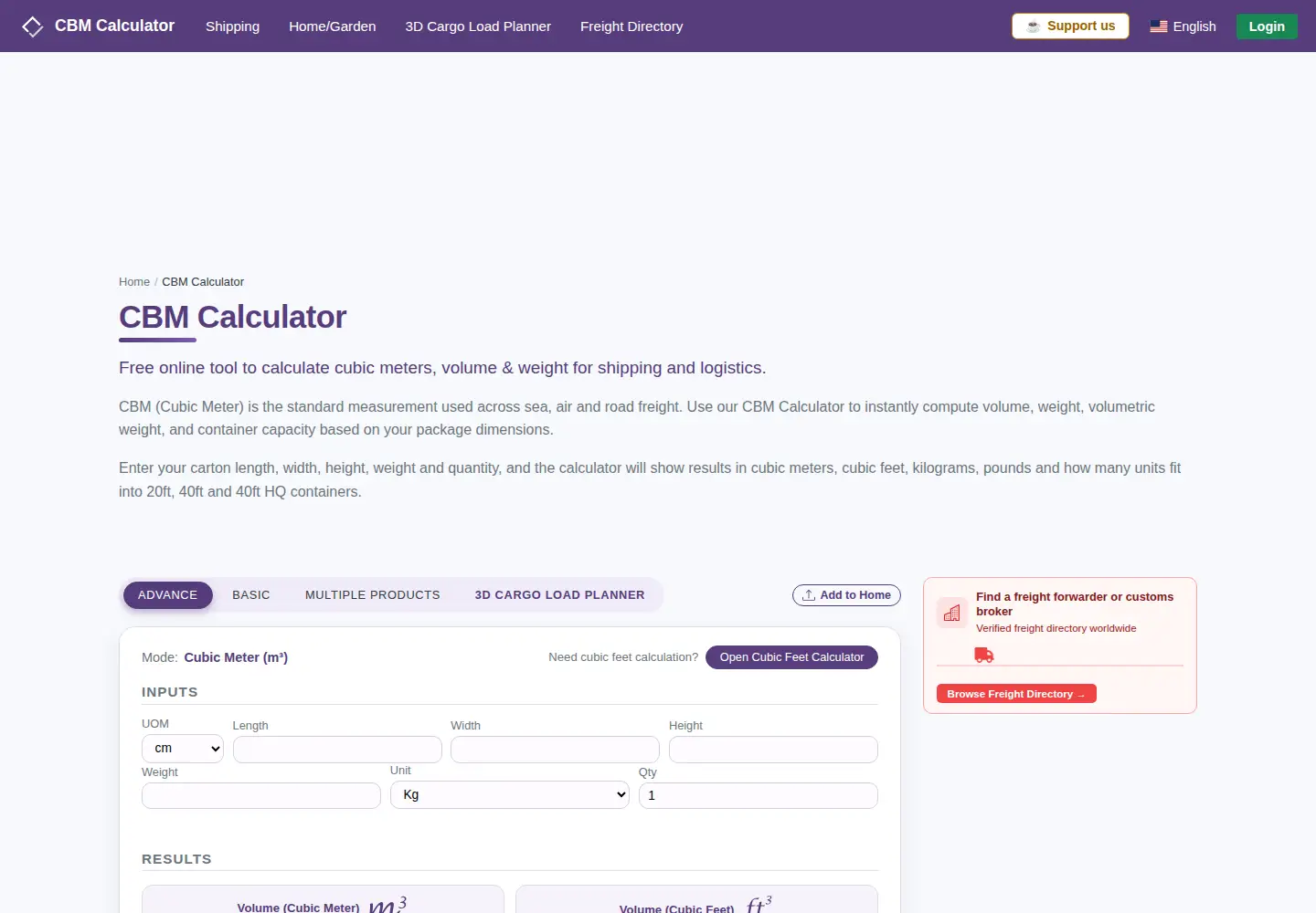 Screenshot of cbmcalculator.com