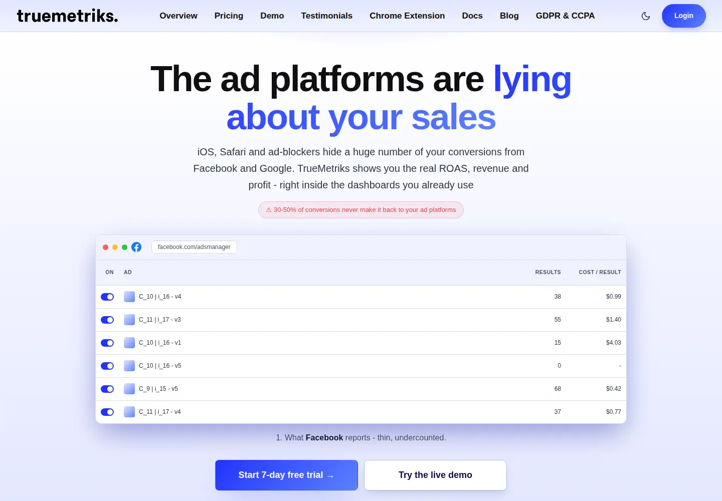 Screenshot of truemetriks.com