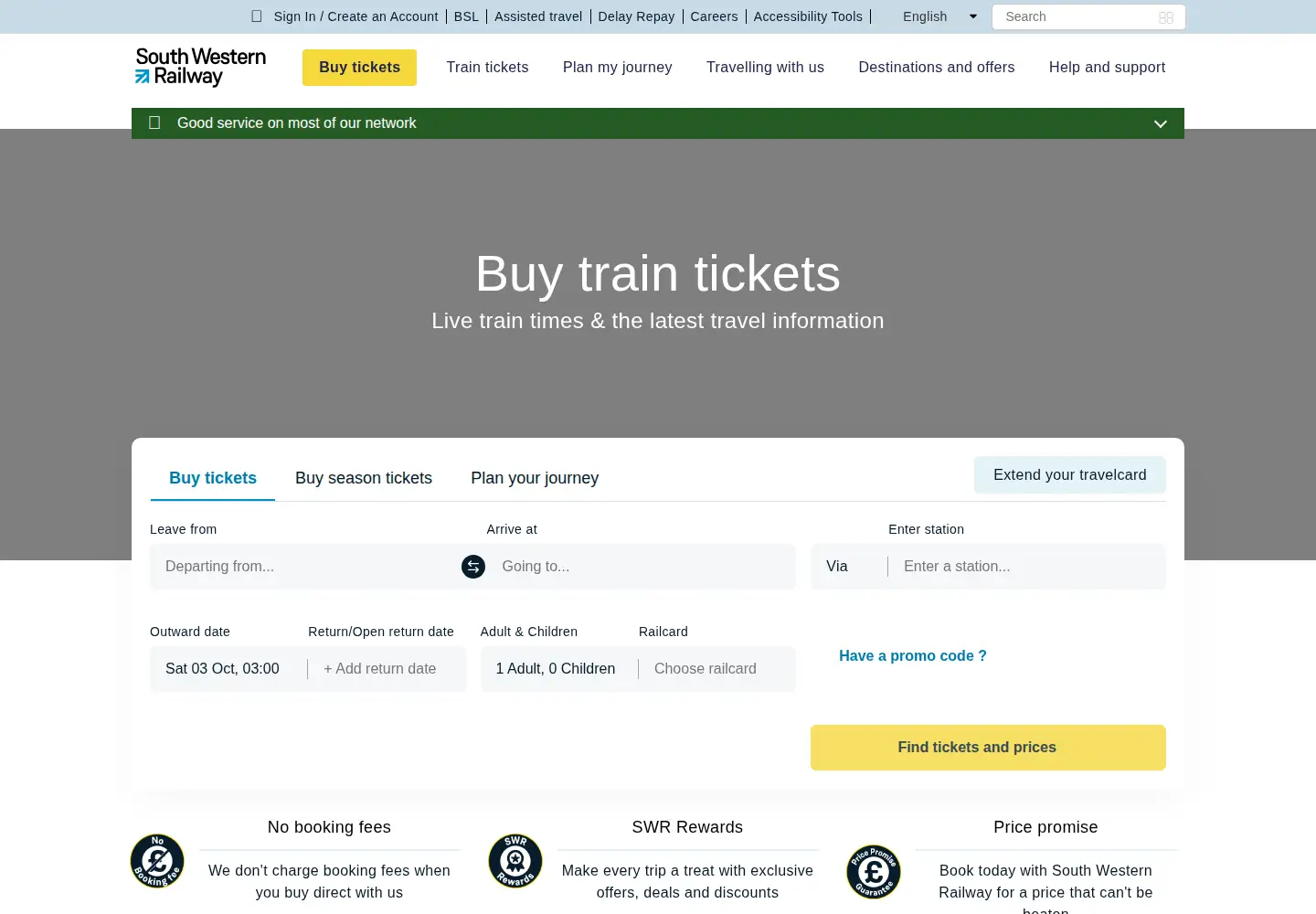 Screenshot of southwesternrailway.com