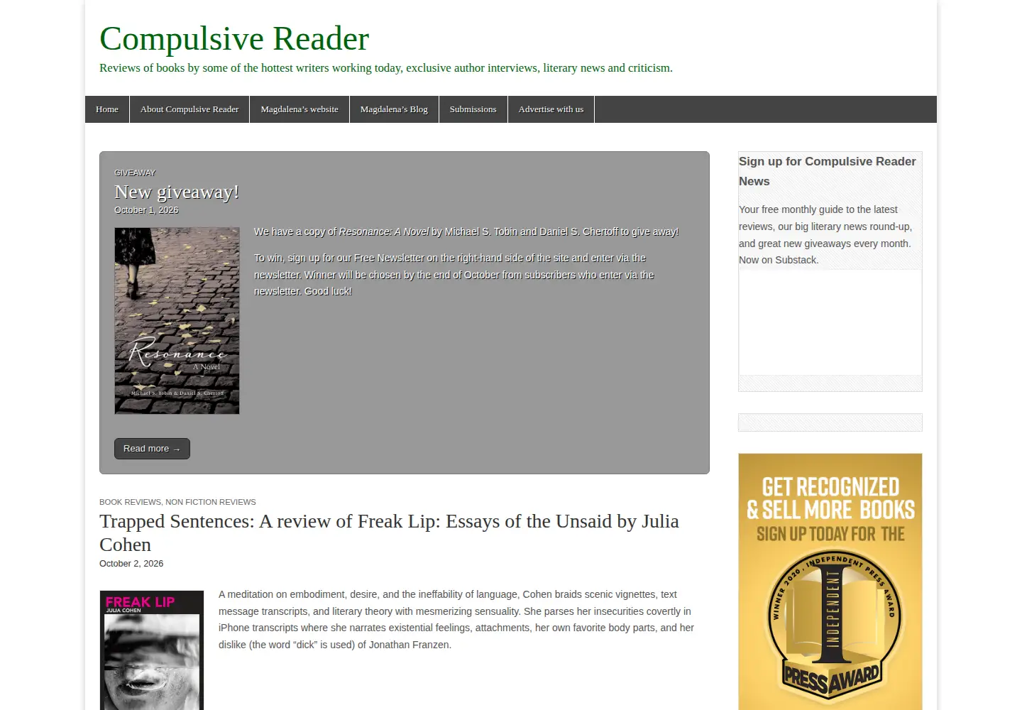 Screenshot of compulsivereader.com