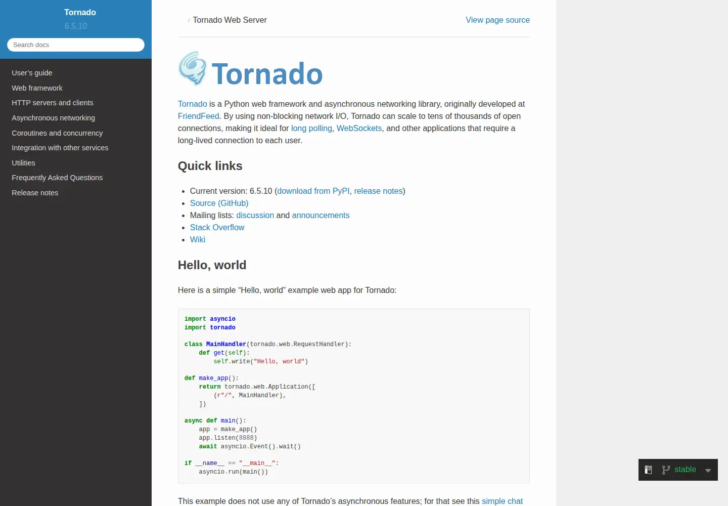 Captured homepage of tornadoweb.org in the current scan
