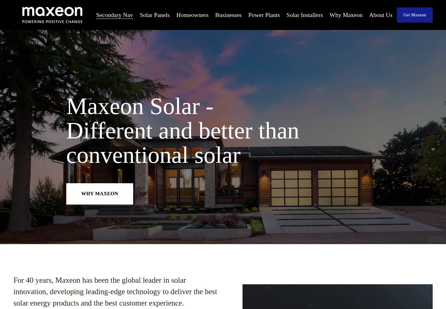 Captured homepage of maxeon.com in the current scan