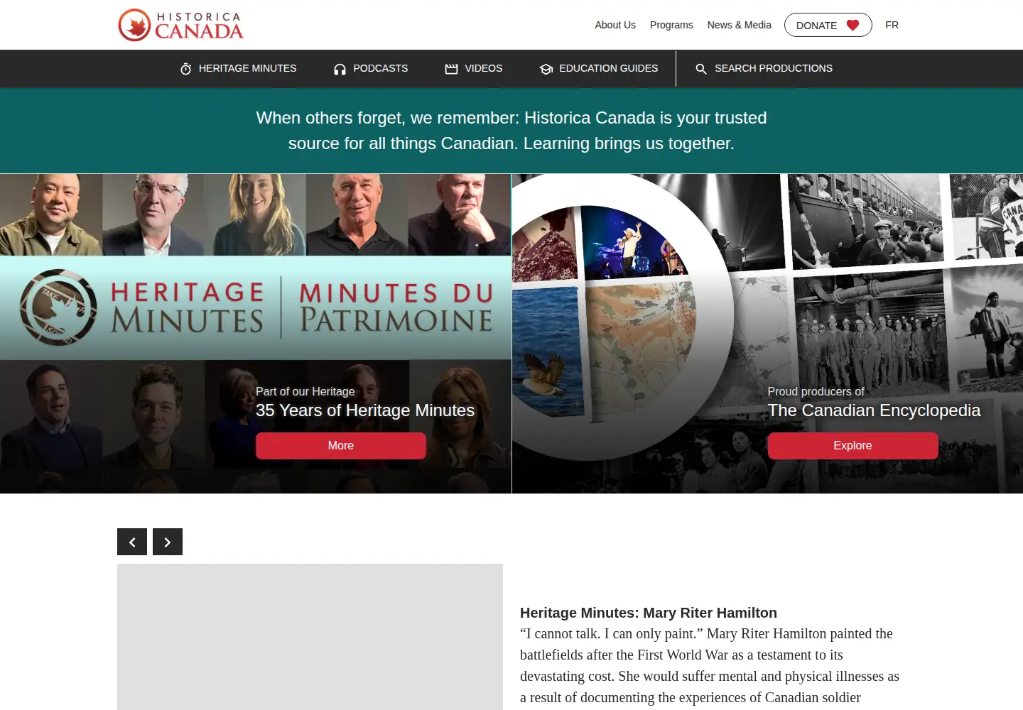 Screenshot of historicacanada.ca