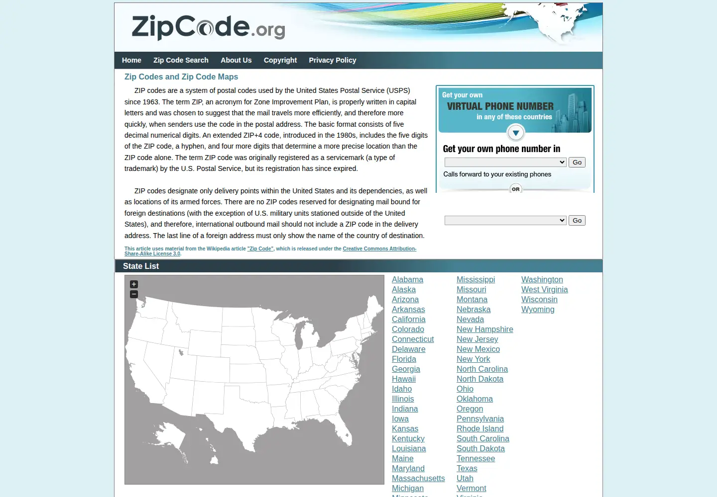 Screenshot of zipcode.org