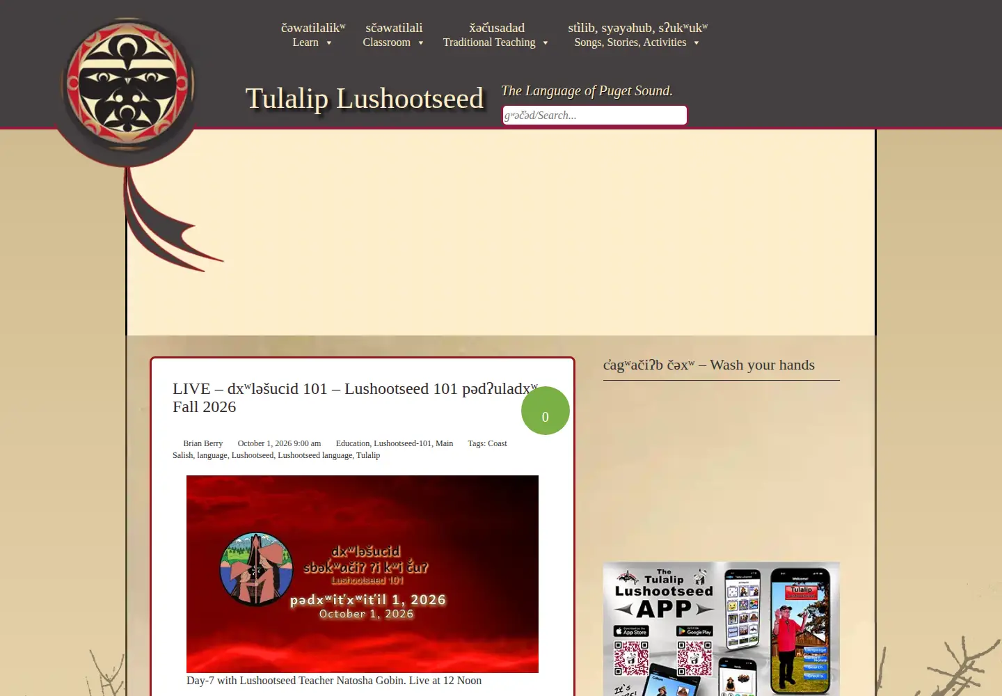 Captured homepage of tulaliplushootseed.com in the current scan