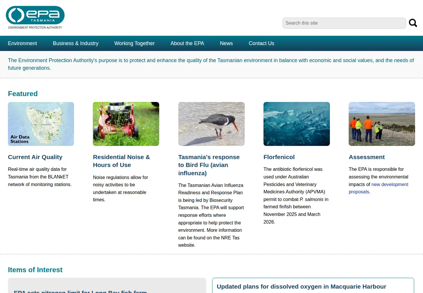 Captured homepage of epa.tas.gov.au in the current scan