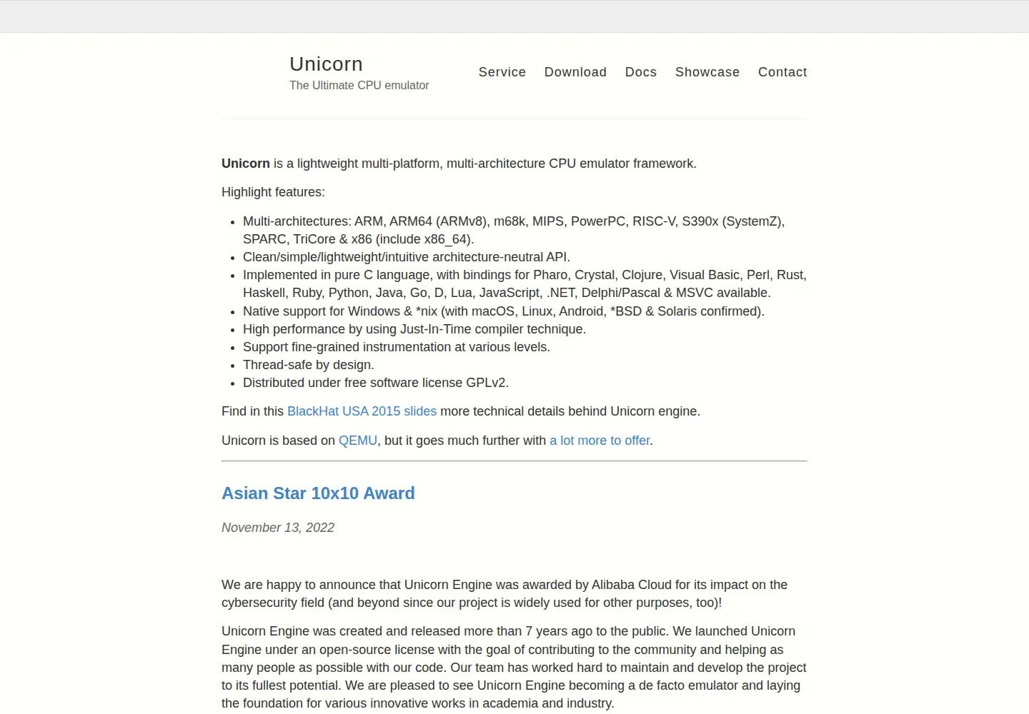 Captured homepage of unicorn-engine.org in the current scan