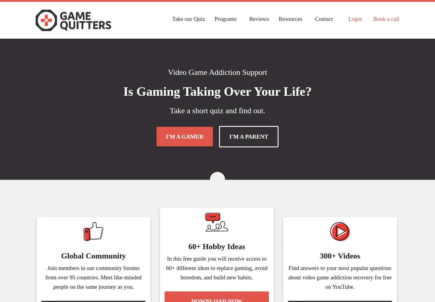 Captured homepage of gamequitters.com in the current scan