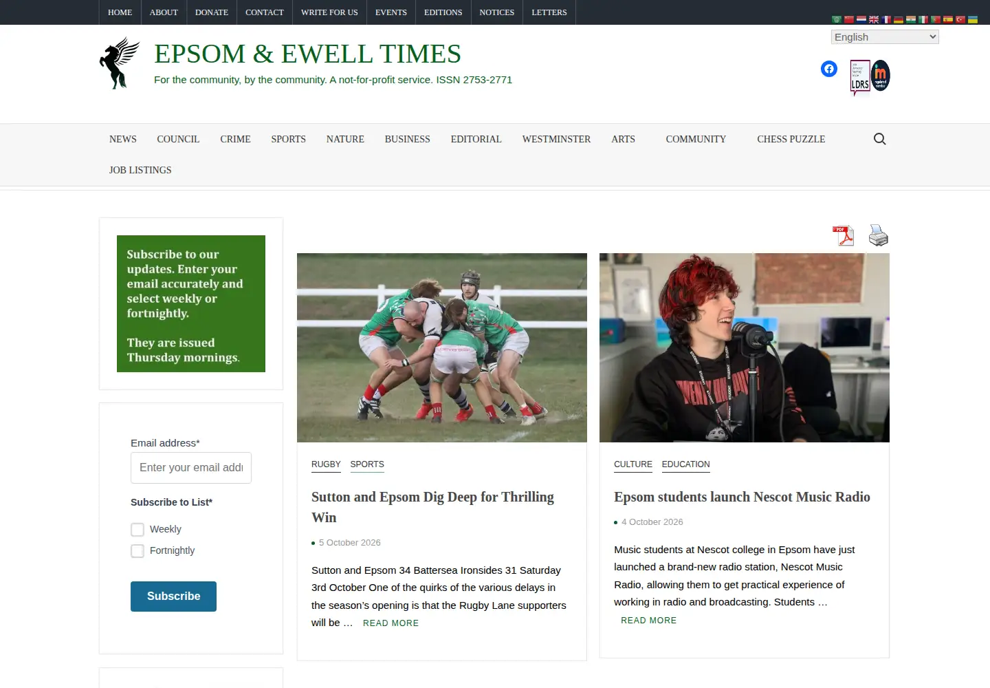 Captured homepage of epsomandewelltimes.com in the current scan